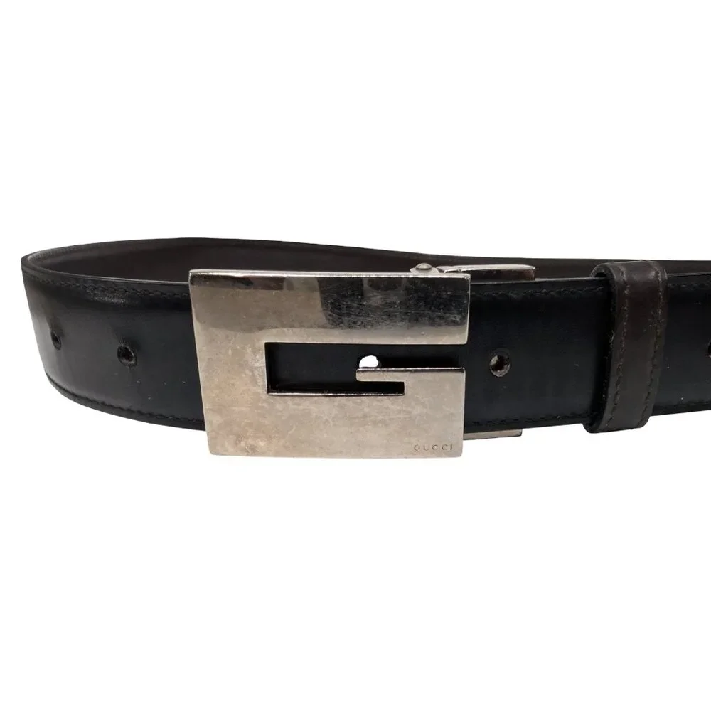 Vtg Gucci Silver G Cutout Leather Belt Mens Black Rectangular Buckle EU 70 US 28